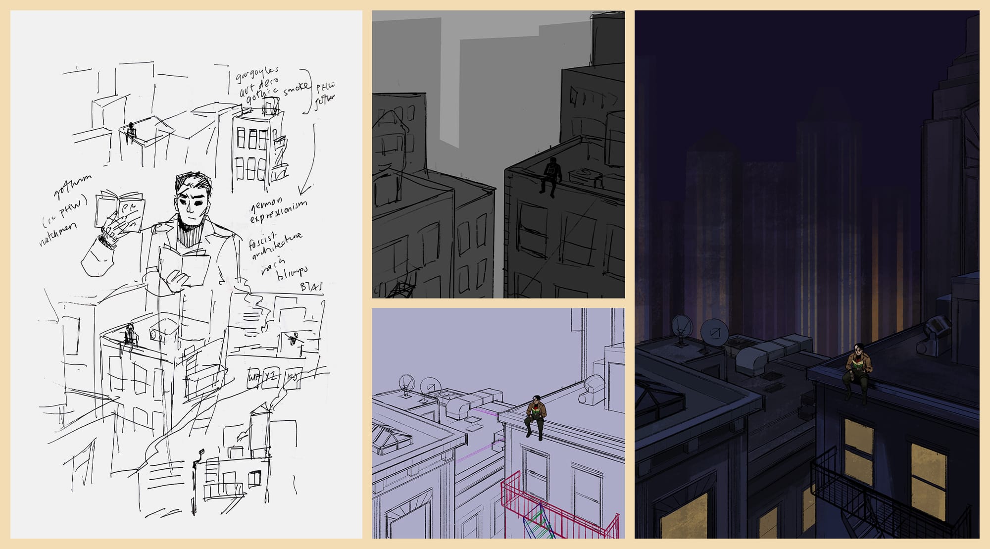 Collage of four process shots of my artwork featuring Jason Todd reading on the rooftop of a Gotham building.